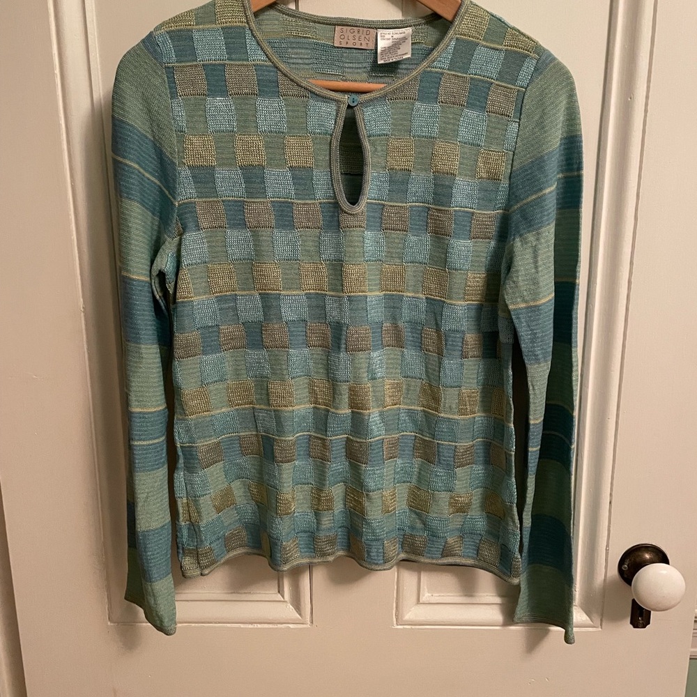 Sigrid Olsen Green and Cream Crew Neck Sweater Relaxed Fit